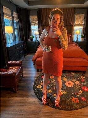 Rust Orange Knit Mini Dress with Floral Appliqué NWT